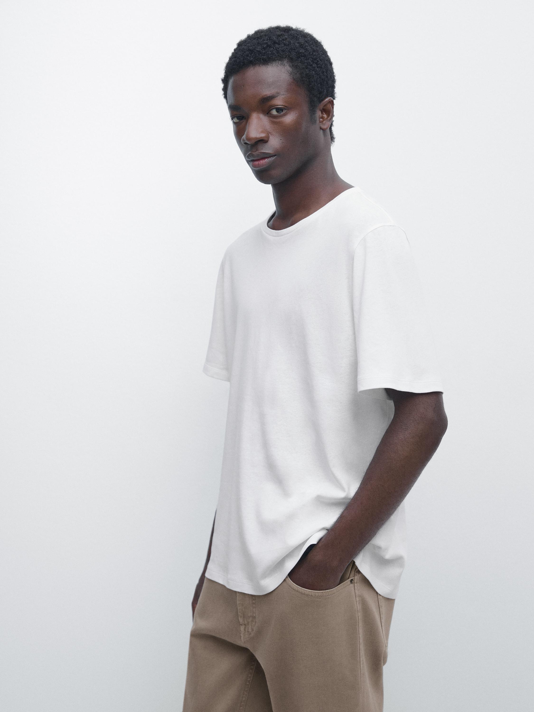 Short sleeve linen and cotton T-shirt — Oyster-white