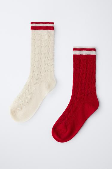 PACK OF TWO LONG CUTWORK STRIPED SOCKS - Ecru / Red by Zara - Image 3