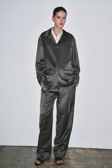 ZW COLLECTION SATIN LINEN BLEND BLAZER - Charcoal by Zara - Image 3