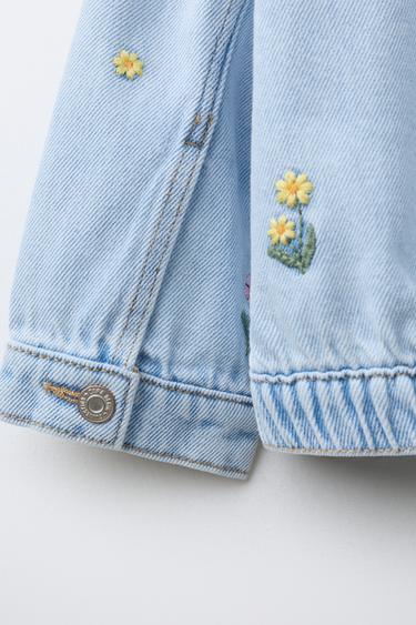 VESTE EN JEAN À FLEURS BRODÉES - Bleu de Zara - Image 3