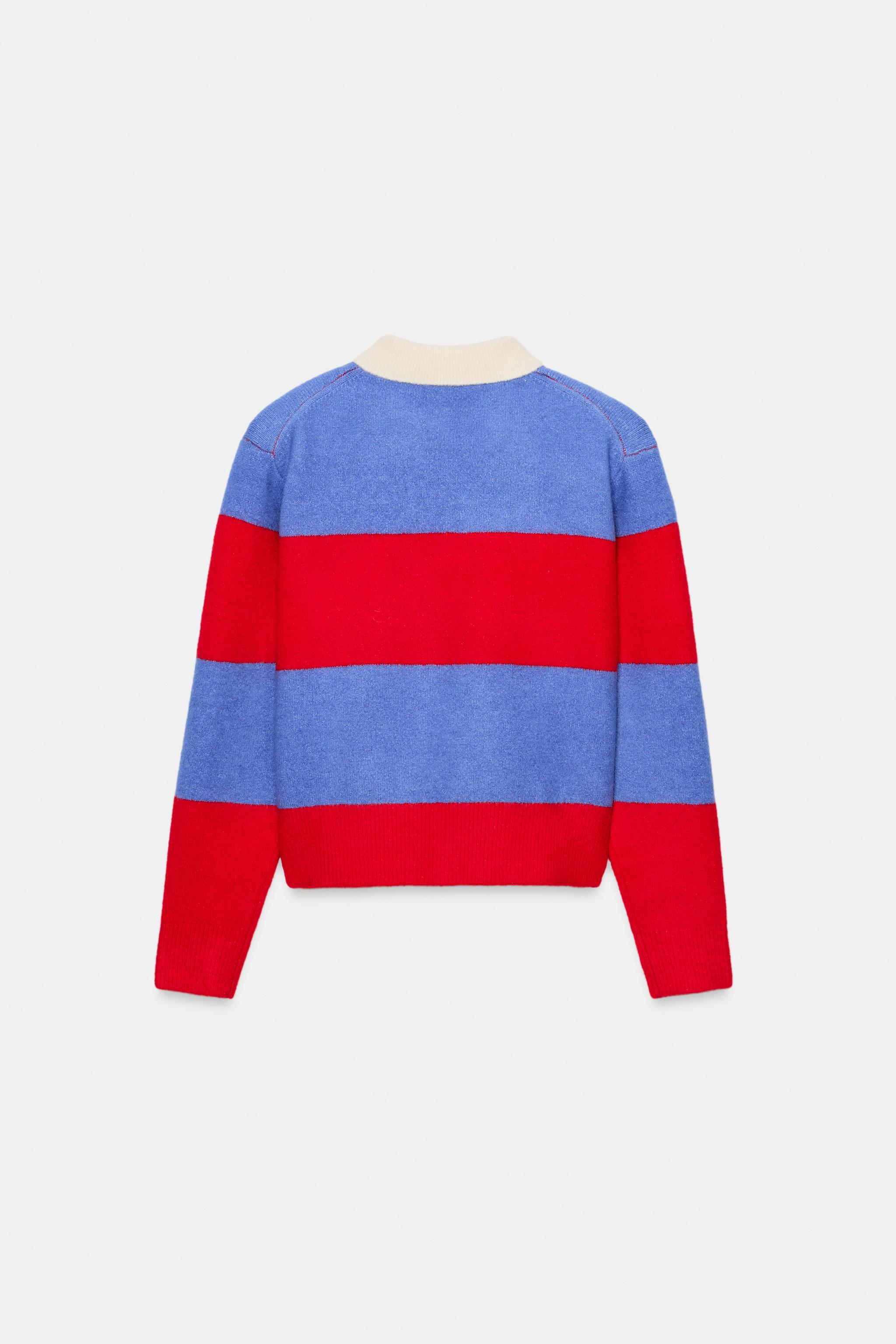 Zara ÇİZGİLİ VATKALI POLO YAKA KAZAK görsel 6