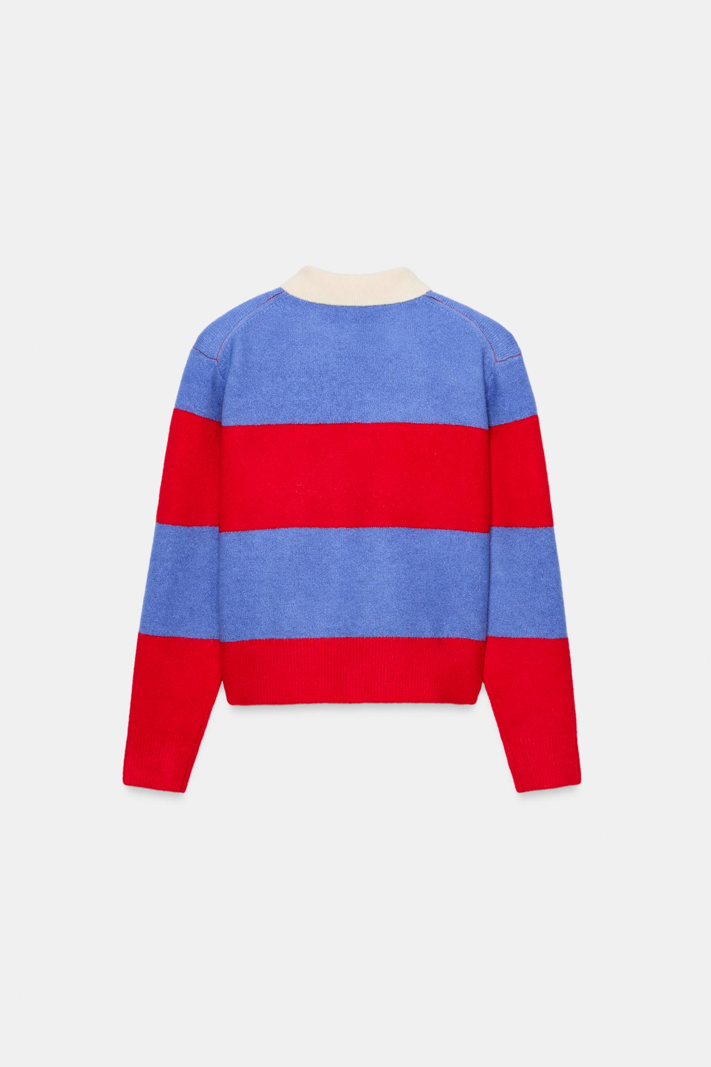 Женский свитер Zara Striped Knit Polo Sweater with Shoulder Pads, цвет: Белый / Красный — фото 6