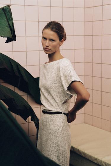 Zara TEXTURED BELTED MIDI DRESS - Ecru / Beige