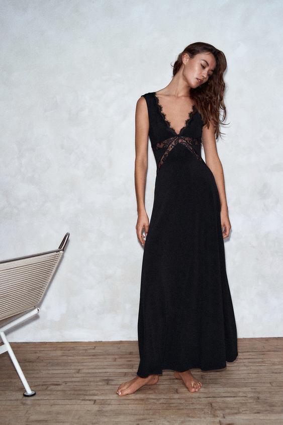 ROBE LONGUE BRETTELLES COMBINÉE - Noir de Zara - Image 1