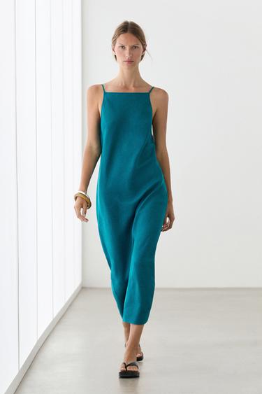 Robe midi bretelles 100 % lin - Turquoise de Zara - Image 0