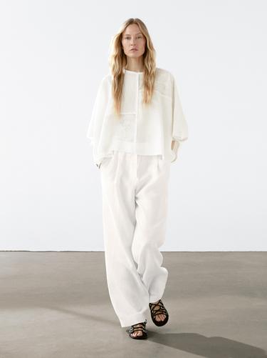 Zara Flowing linen blend embroidered cape - Oyster-white