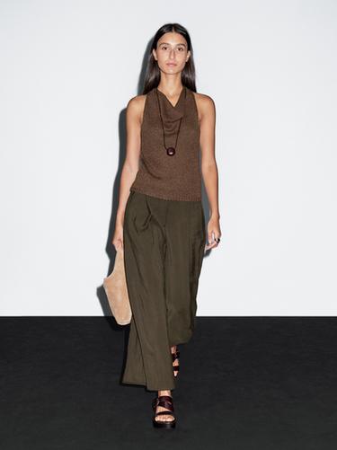 Pantalon cropped large à pinces - Chocolat de Zara