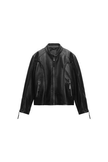 Front view of black jacket with zip and zipped pockets.