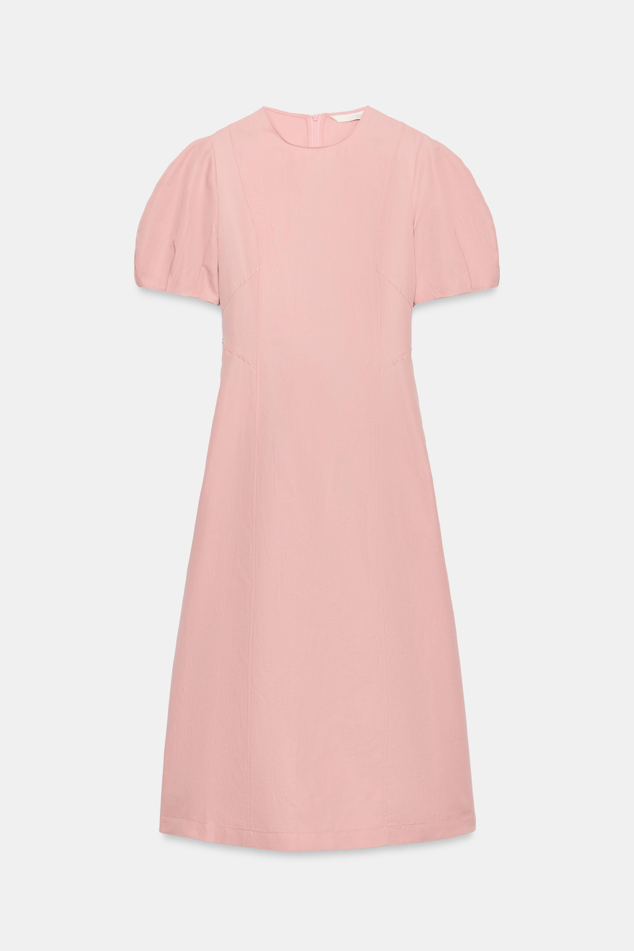 ZW COLLECTION LINEN BLEND MIDI DRESS - Pink | ZARA United States ZW COLLECTION LINEN BLEND MIDI DRESS - Pink | ZARA United States
