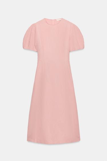 Zara ZW COLLECTION 亞麻混紡中長版洋裝 - 粉紅色