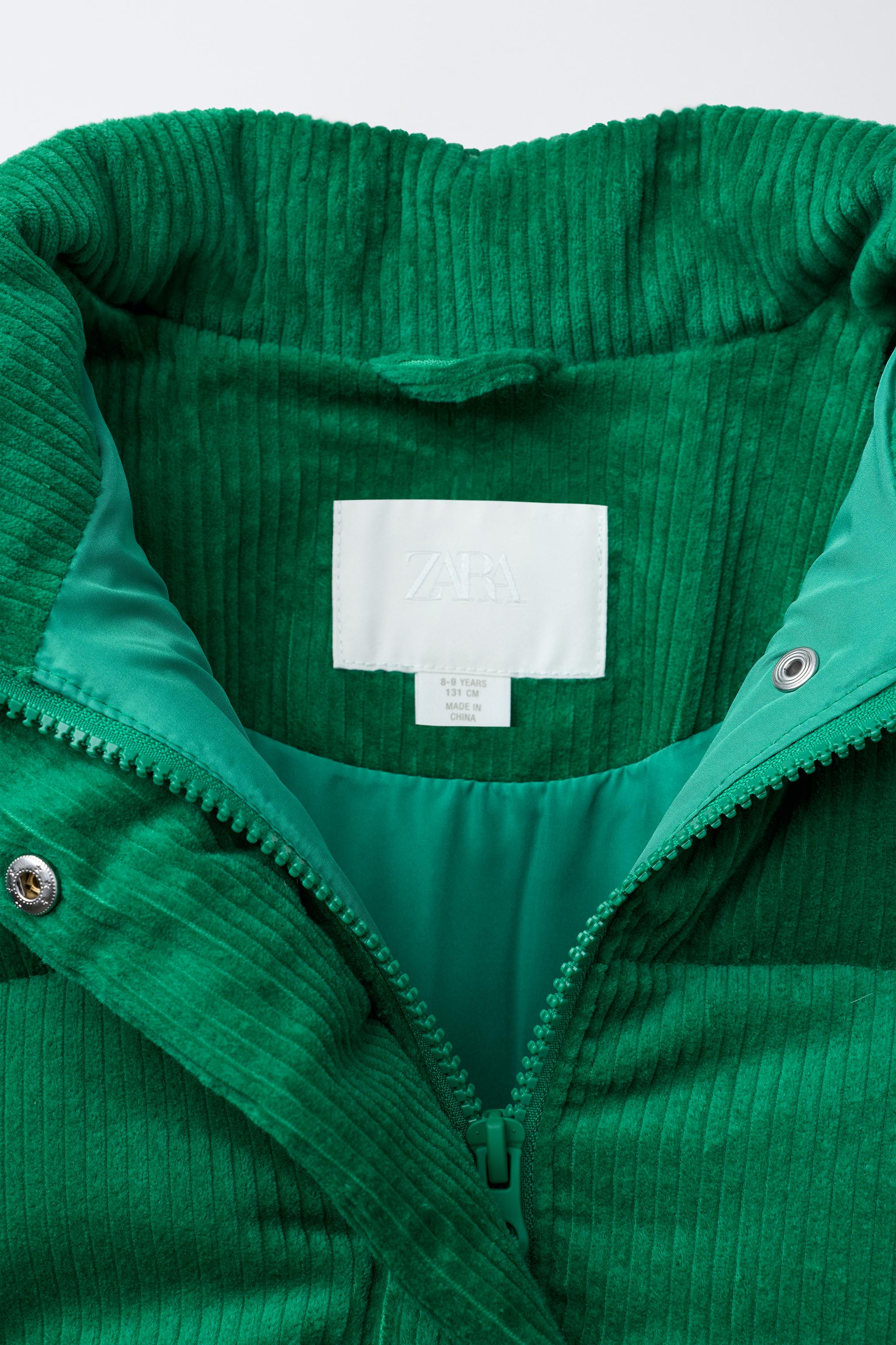 EMBROIDERED TEXT CORDUROY PUFFER JACKET - Green | ZARA