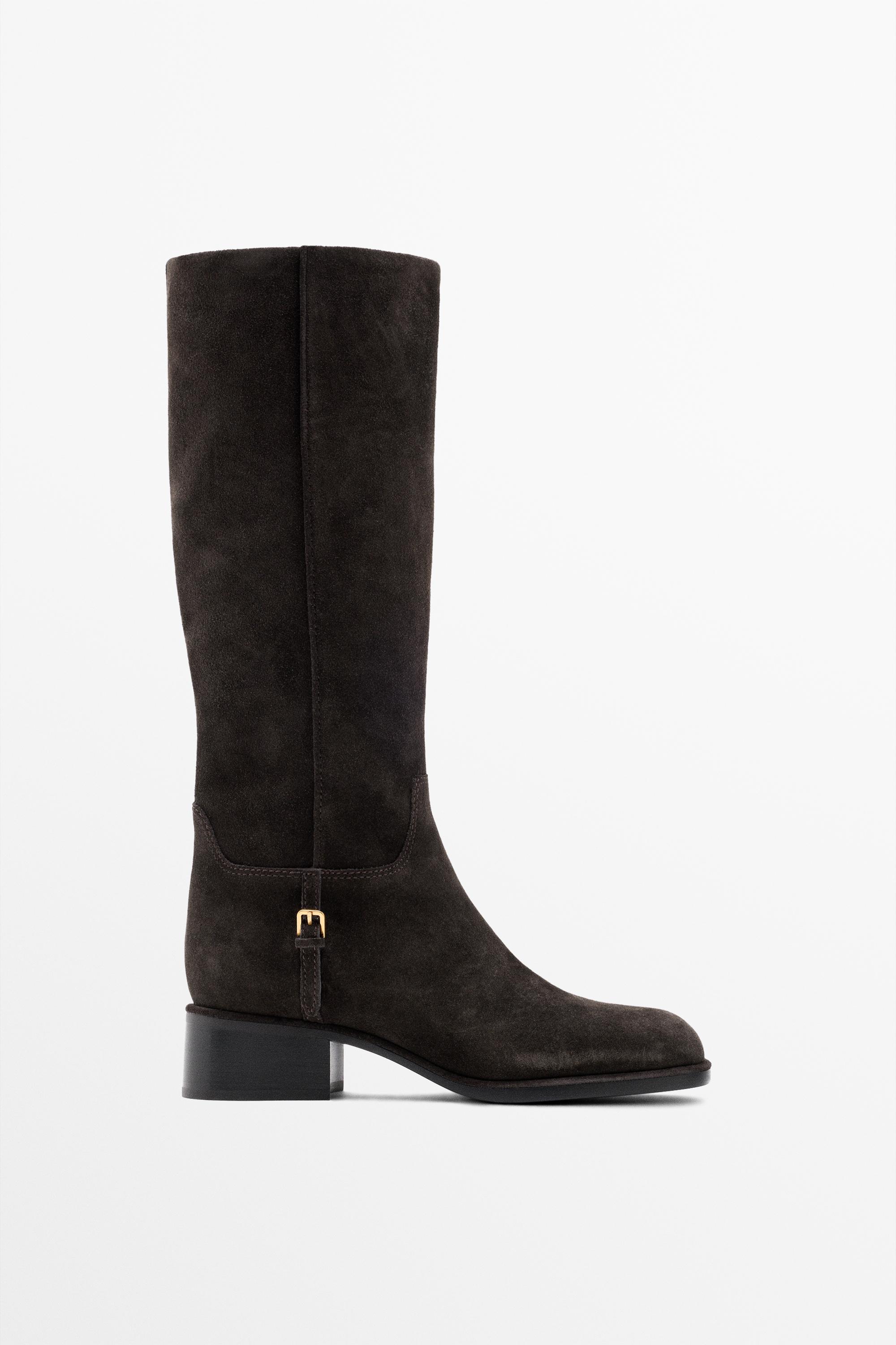 Split suede leather flat boots with side buckle — Brown