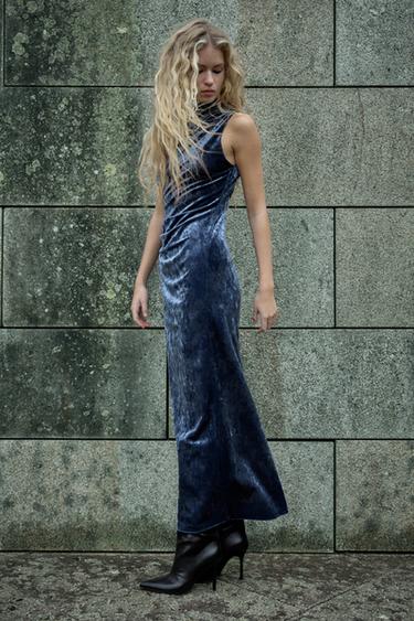 VELVET MIDI DRESS WITH DRAPED DETAIL - Midnight blue by Zara