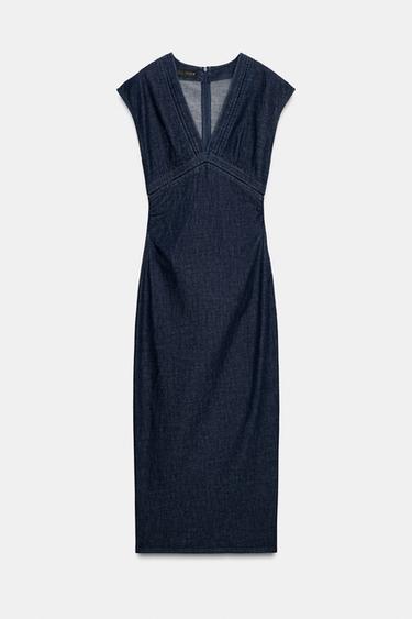 Zara LACE TRIM MIDI DRESS - Blue