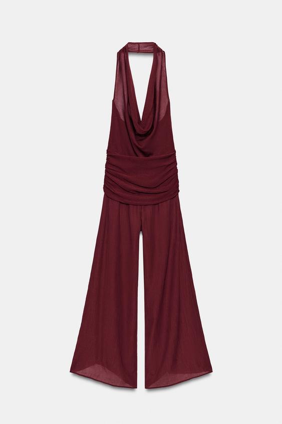 LONG KNIT JUMPSUIT WITH SASH - Burgundy by Zara - Image 0