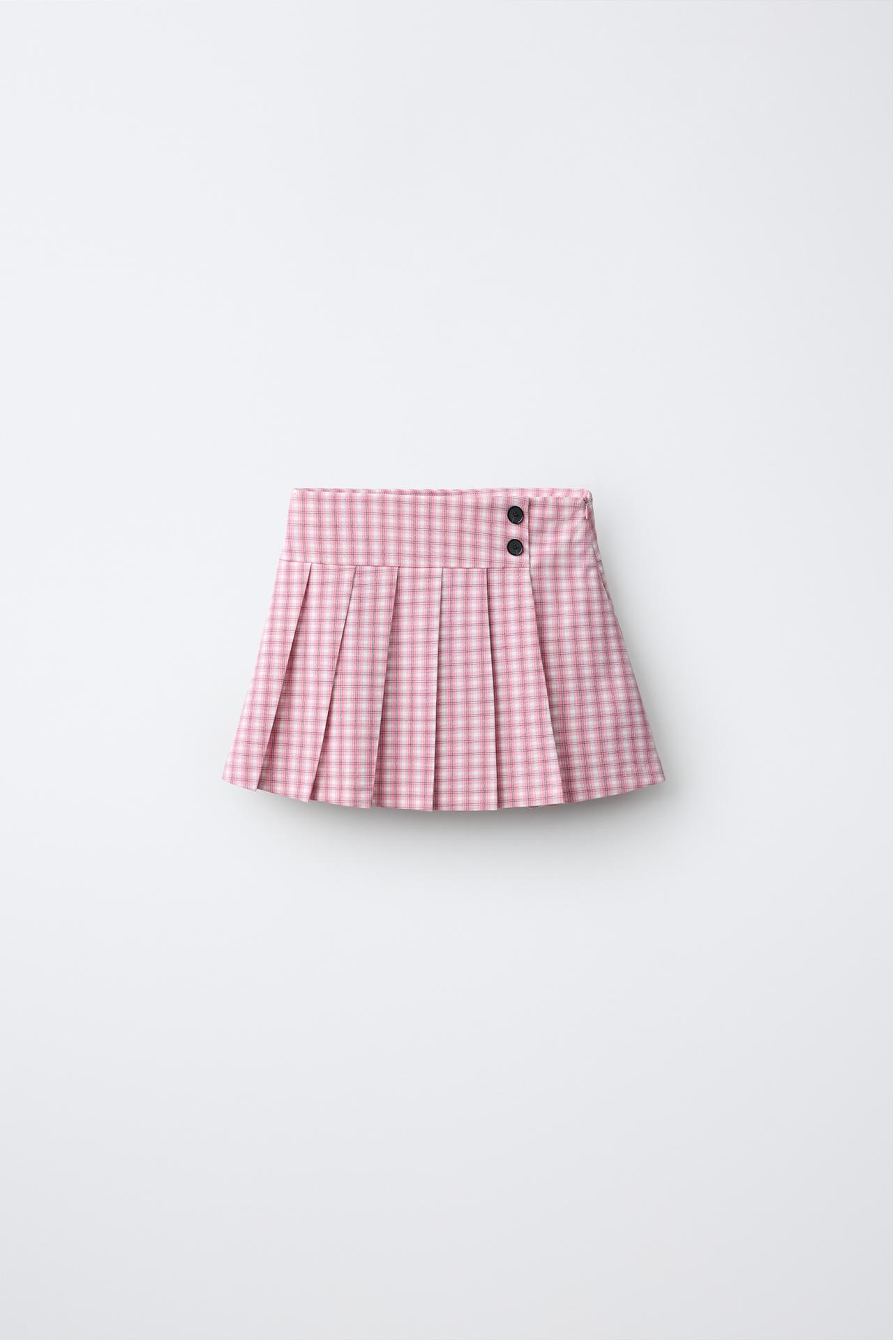 PLAID PLEATED SKIRT — Pink / White