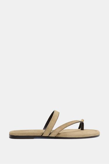 Zara FLAT SUEDE SANDALS WITH APPLIQUÉ - Sandy Brown - Image 0