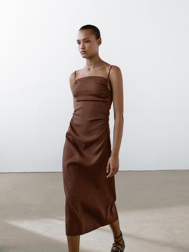 Zara Gathered linen blend midi dress - Mink marl