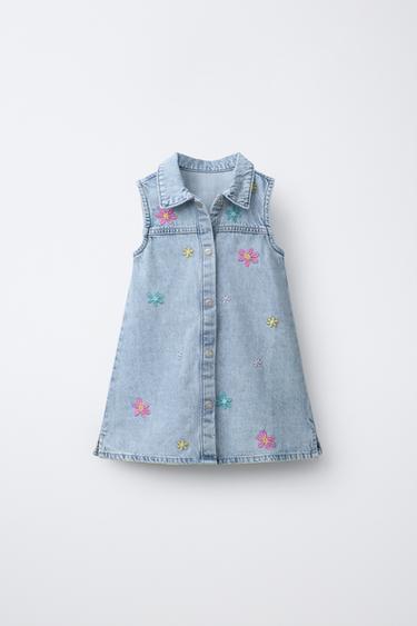 Zaras DENIMKLÄNNING MED BRODERADE BLOMMOR - Blå - Bild 0