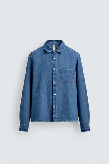 РУБАШКА ИЗ ШАМБРИ В СТИЛЕ REGULAR FIT — ВЫЦВЕТШИЙ СИНИЙ от Zara