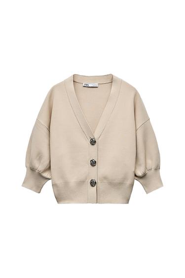 PLAIN KNIT CARDIGAN WITH FLOWER BUTTONS