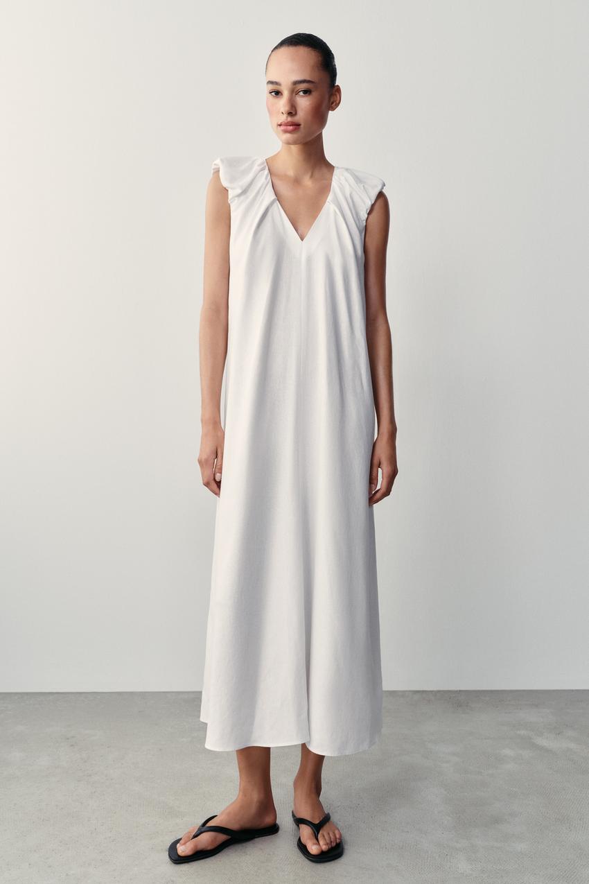 white linen maxi dress Sleeveless with Fringed Hem | Cotton-Free Summer Dress stretch material Kerra Smocked Linen Maxi Dress