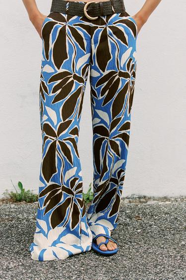 FLORAL PRINT WIDE-LEG TROUSERS - Ecru / Blue by Zara - Image 0