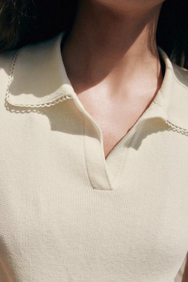 KNIT POLO SHIRT WITH CONTRAST LACE - White by Zara - Image 4