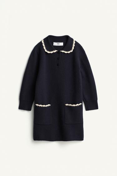 LIMITED EDITION 100% WOOL CROCHET EMBROIDERED DRESS - navy by Zara