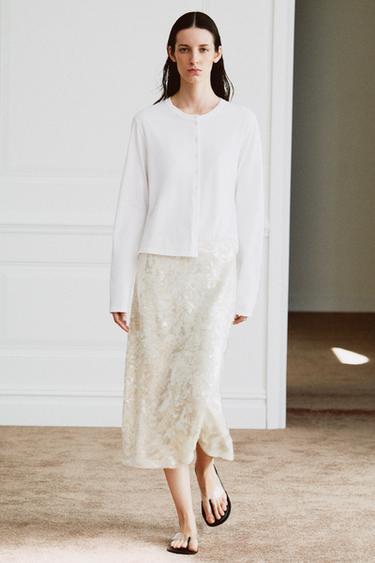 Zara ZW COLLECTION SEQUIN MIDI SKIRT - Oyster-white