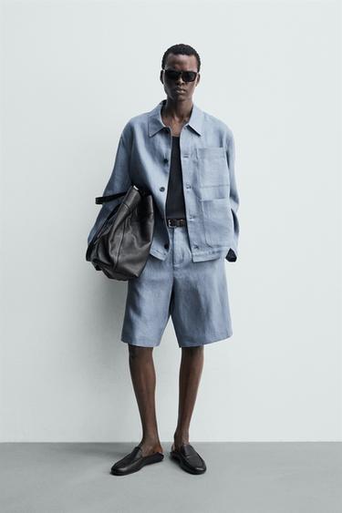 RELAXED FIT BERMUDA VAN 100% LINNEN - Vaalblauw van Zara