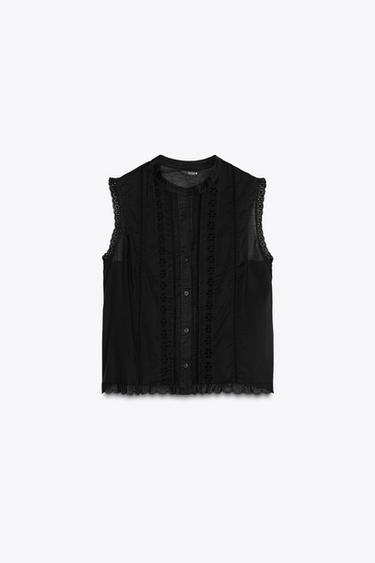 Zara ROMANTIC LACE INSERT TOP - Black - Image 0