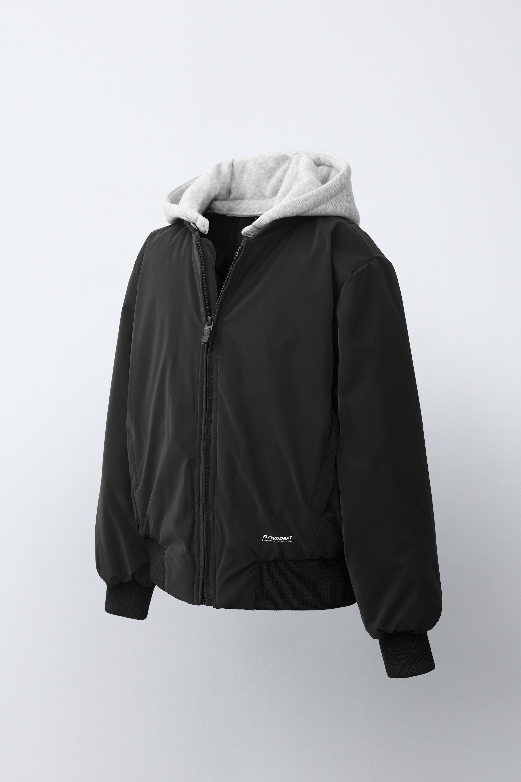 RUBBERIZED BOMBER JACKET WITH DETACHABLE HOOD — Black