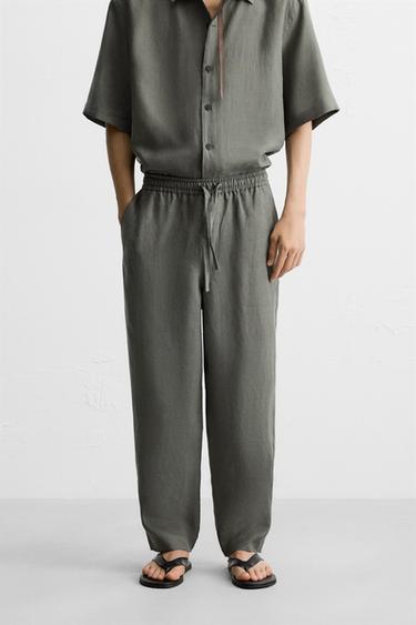 100% LINEN TROUSERS - Green / Blue by Zara