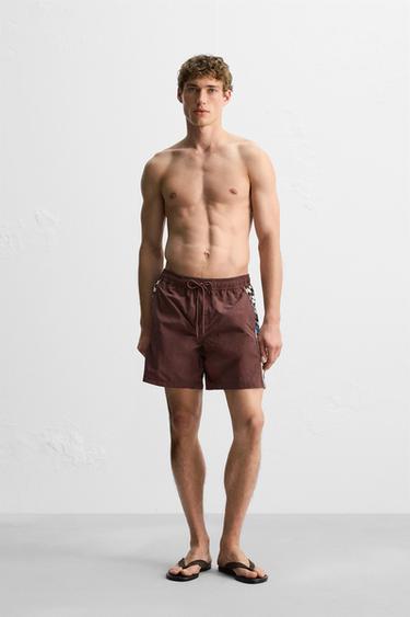 LONG CONTRAST TRIM SWIMMING TRUNKS - Burgundy by Zara - Image 0