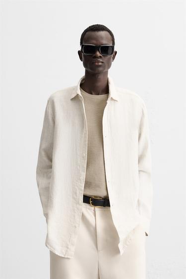 CAMISA RAYAS 100% LINO - Beige de Zara