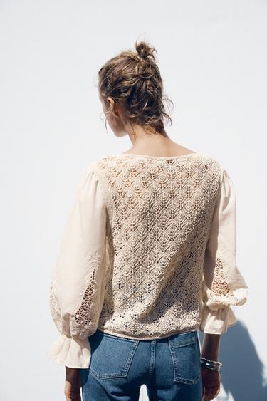 PULL EN MAILLE POINTELLE MANCHES EN MATIÈRES VARIÉES - Écru de Zara - Image 3
