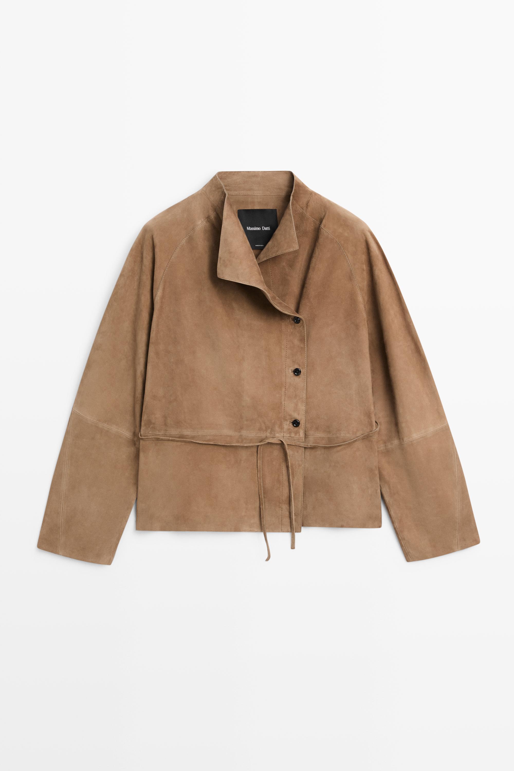 Suede leather jacket with drawstring
