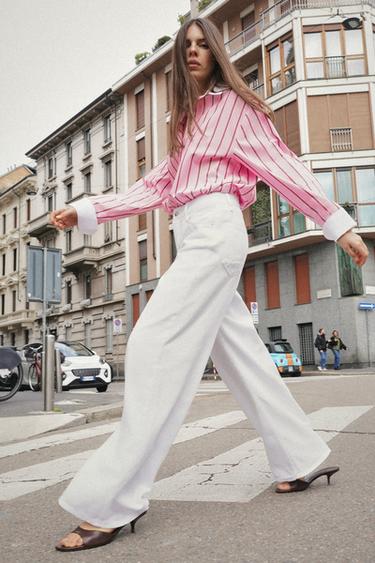 OVERSIZE STRIPED SHIRT WITH CONTRAST CUFFS - Pink / White by Zara