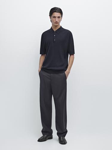 Zara Merino wool knit polo sweater - Navy blue - Image 0