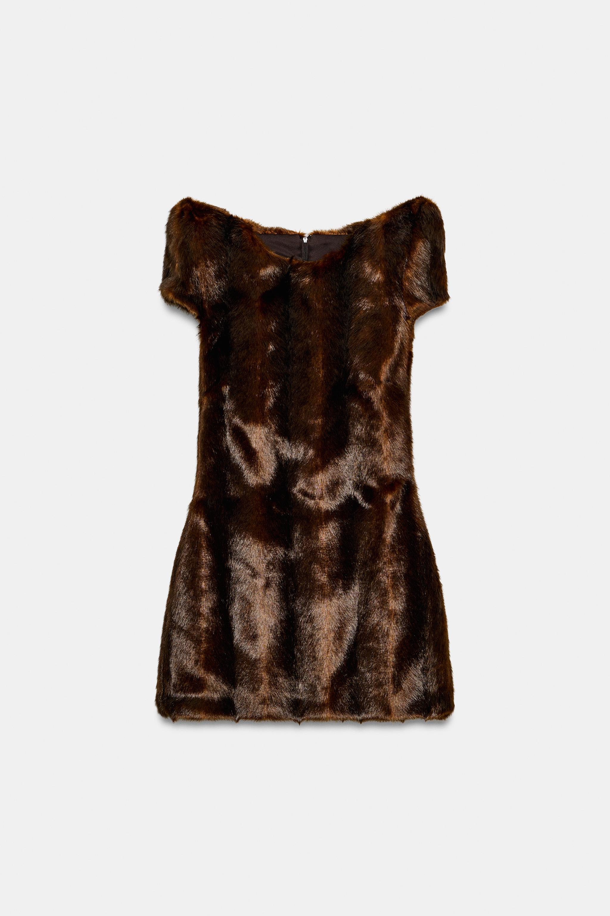 CATS FAUX FUR EFFECT MINI DRESS WITH PADDED SHOULDERS