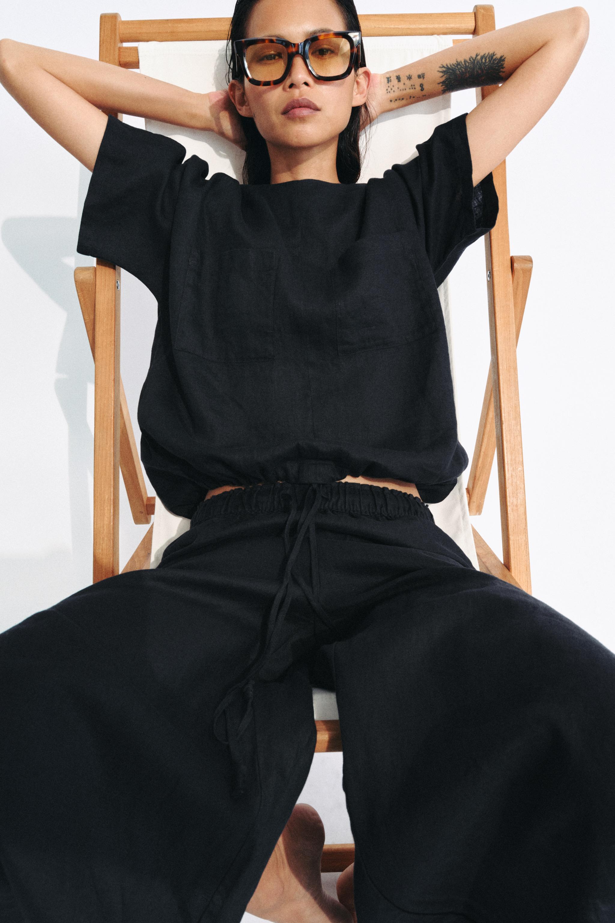 100% LINEN PANTS WITH SIDE VENTS ZW COLLECTION — Black