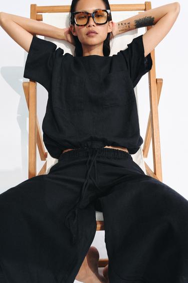 100% LINEN TROUSERS WITH VENTS ZW COLLECTION - Black by Zara