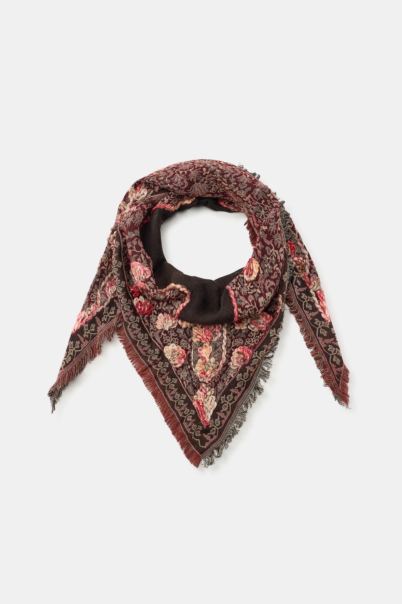 JACQUARD EMBROIDERED TRIANGULAR SCARF — Black