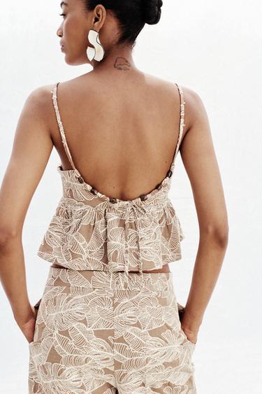 EMBROIDERED CROP TOP - Beige by Zara - Image 3