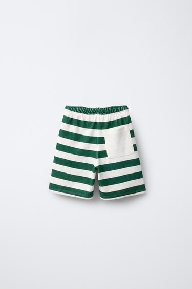 STRIPED TERRY TOWELLING BERMUDA SHORTS - Green / Ecru by Zara - Image 1
