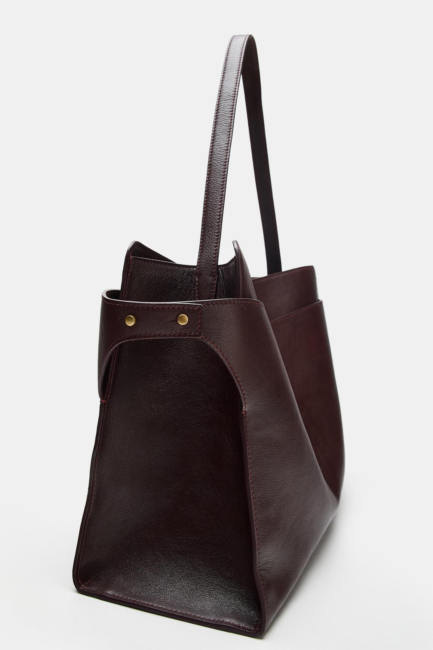 Женская сумка Zara Leather Maxi Shopper, цвет: Бордовый красный — фото 5