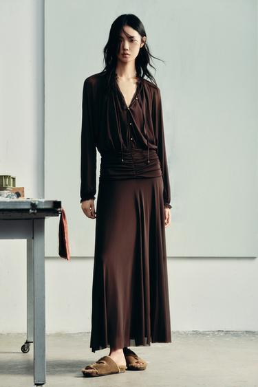 Zara 長版縮褶洋裝 - 深棕色