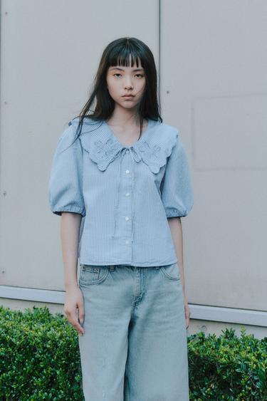 자수 스트라이프 피터팬 칼라 셔츠 - Zara 블루 /화이트