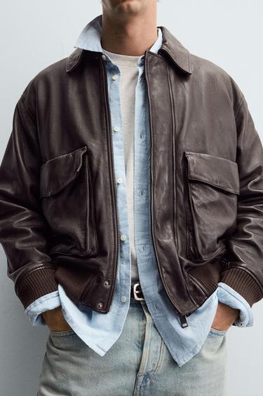 VESTE EN CUIR À POCHES - Marron de Zara - Image 5